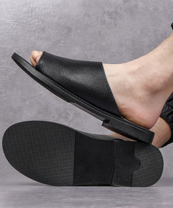 Dép da nam cao cấp màu đen quai ngang