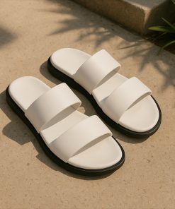 Dép da nam cao cấp quai ngang màu trắng