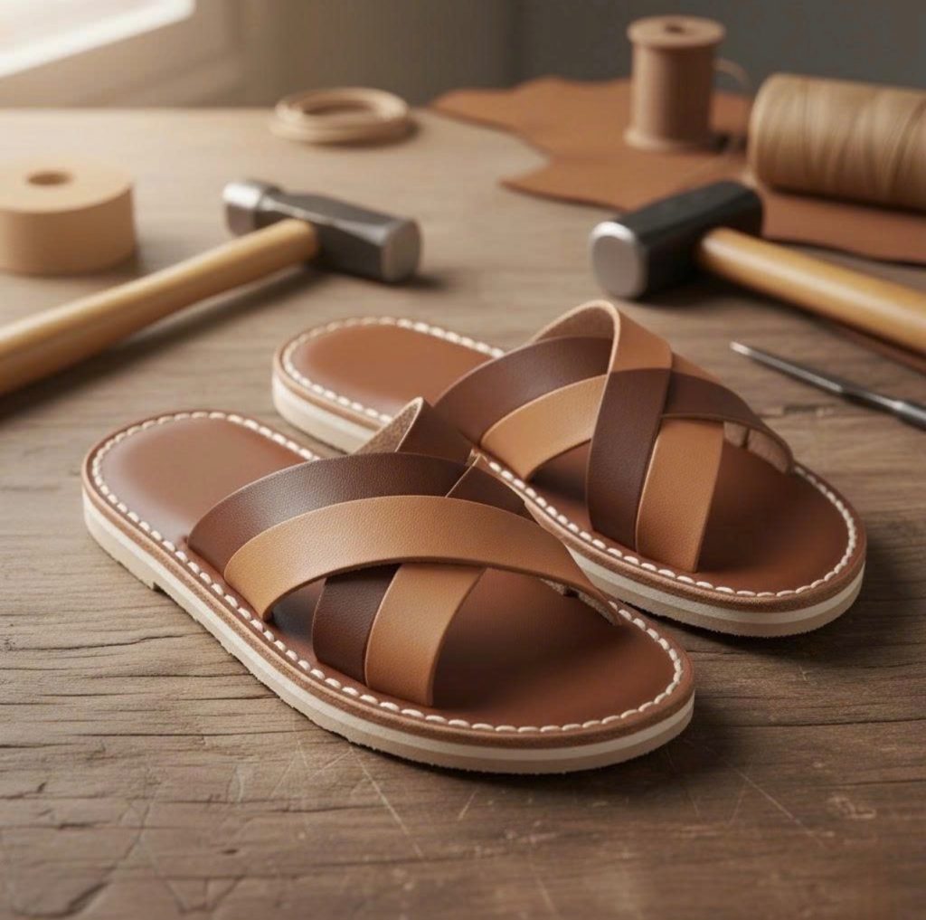Dép da handmade nam cao cấp quai chéo màu nâu